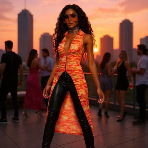 Orange Gradient Sleeveless High-Low Zip-Up Vest by One by One – Skyline Flame L - Picture 1 of 5